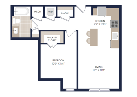 Floor plan for 1 bed, 1 bath, 617 sqft